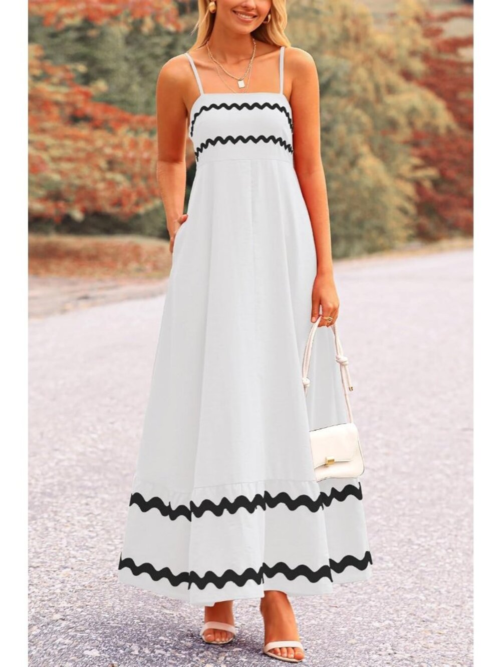 Women's White Sleeveless Square Neck High Waist Imported Causal Maxi Dress - Picture 3 of 6